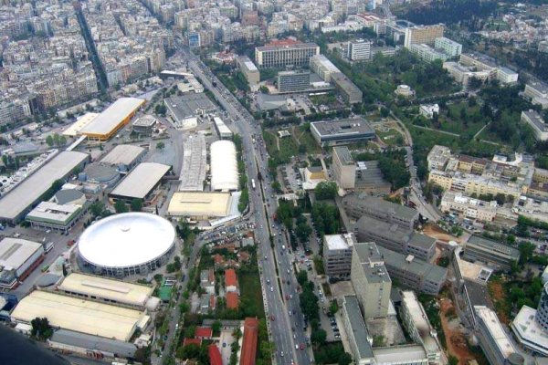An aerial view of the Exhibition Centre and other buildings downtown Thessaloniki. Nick Galis Hall is a round building.