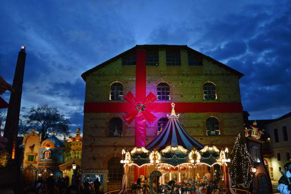 The exterior and the yard of the Matsopoulos Mill in Trikala transformed into The Mill of Elves during Christmas.