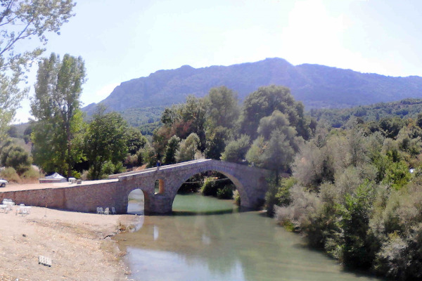 The stone-built bridge of Ziakas among the dense vegetation of the area.